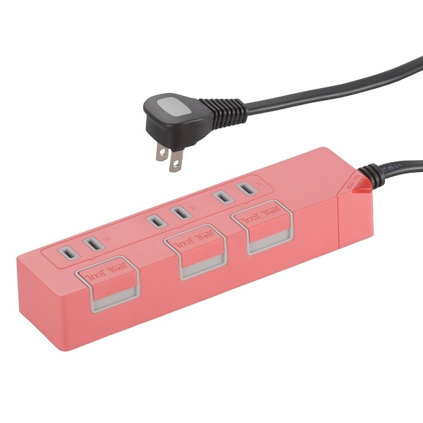 オーム電機 HS-T1147P 00-1147 個別押しボタンスイッチ付き 節電タップ 3個口 1.5m ピンク（ご注文単位1袋）【直送品】