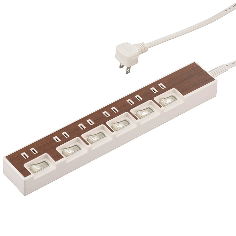 オーム電機 HS-TP615WD-T 00-5019 節電タップ 6個口 1.5m 木目調ブラウン(ご注文単位1袋)【直送品】