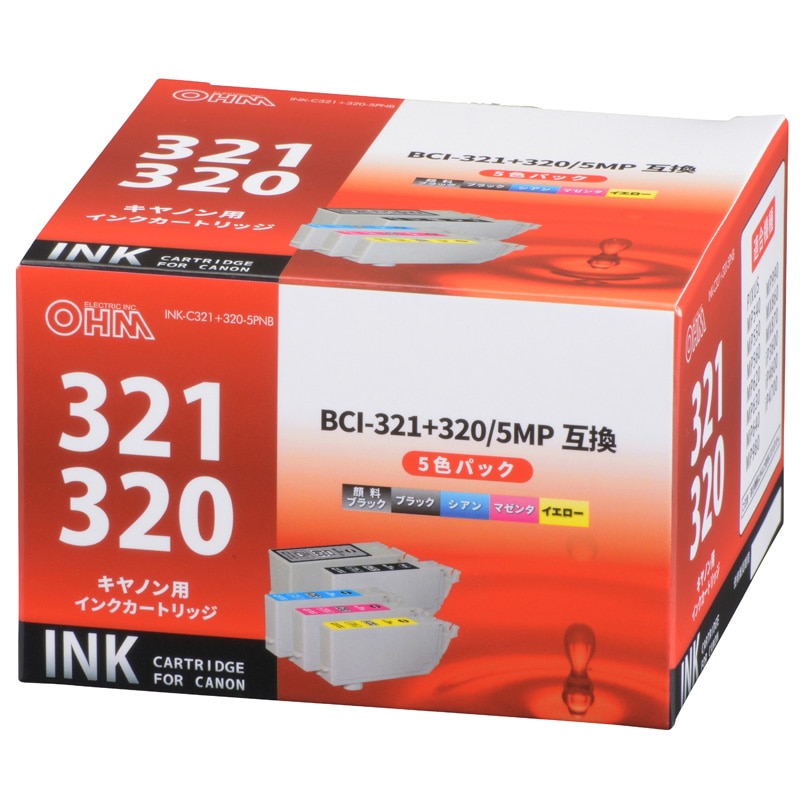 オーム電機 INK-C321+320-5PNB 01-4123 キヤノン互換 BCI-321+320/5MP 顔料ブラック+染料4色（ご注文単位1袋）【直送品】