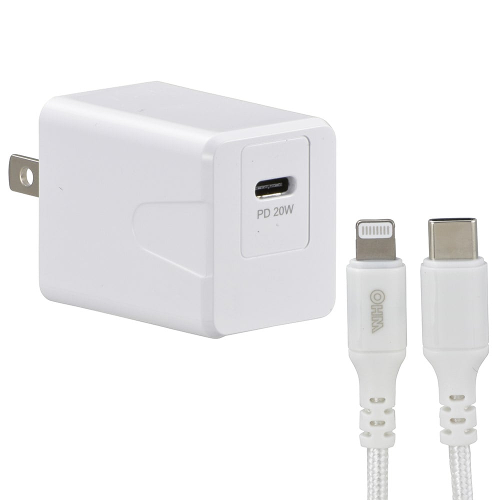 オーム電機 MIP-APD20W-W 01-7116 AudioComm AC充電器 PD超高速充電 20W ライトニングケーブル着脱型（ご注文単位1袋）【直送品】