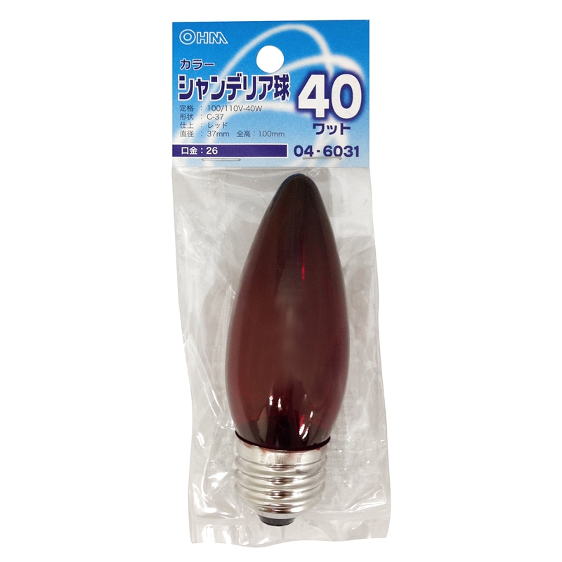 オーム電機 LB-C7640-CR 04-6031 カラーシャンデリア球 40W E26 レッド（ご注文単位1袋）【直送品】