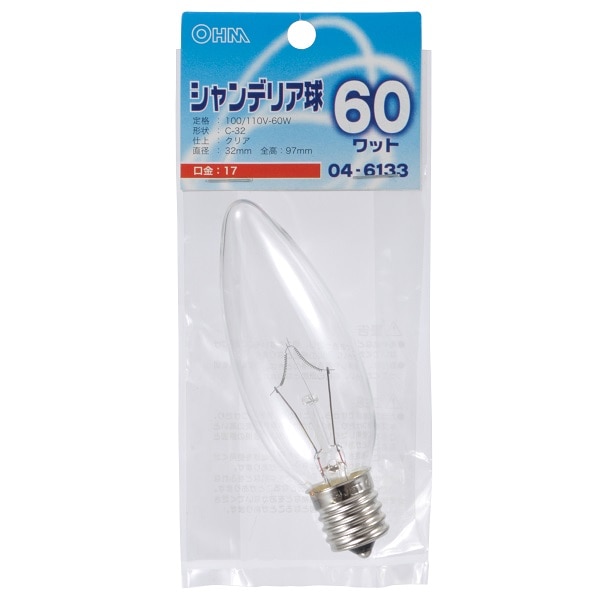 オーム電機 LB-C2760-C 04-6133 シャンデリア球 60W E17 クリア（ご注文単位1袋）【直送品】