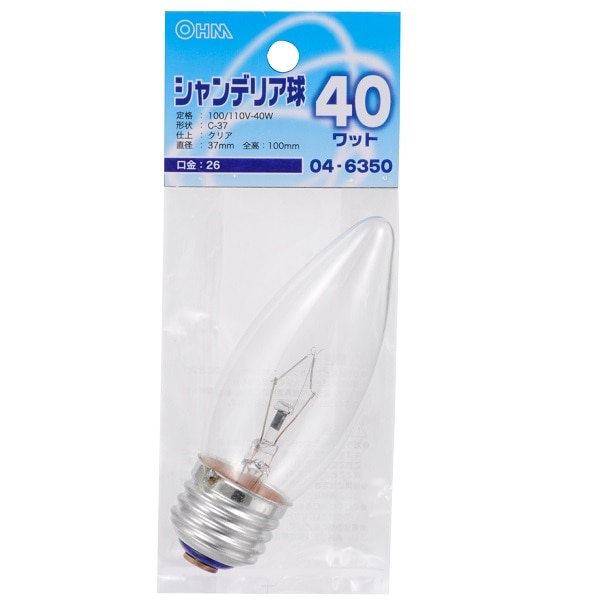 オーム電機 LB-C7640-C 04-6350 シャンデリア球 40W E26 クリア（ご注文単位1袋）【直送品】