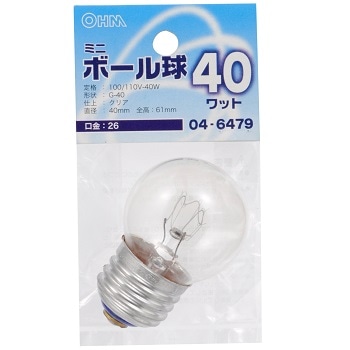 オーム電機 LB-G4640-C 04-6479 ミニボール球 G40 E26/40W クリア(ご注文単位1袋)【直送品】