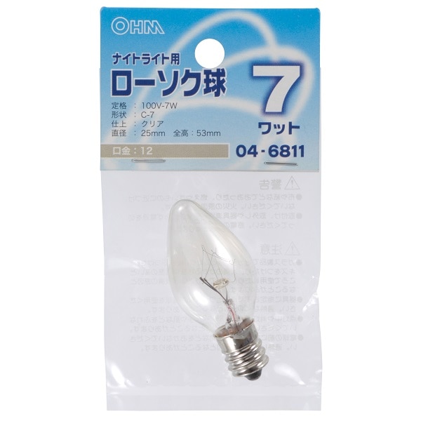 オーム電機 LB-C7207-C 04-6811 ローソク球 ナイトライト用 7W E12 クリア(ご注文単位1袋)【直送品】