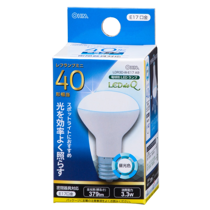 オーム電機 LDR3D-W-E17A9 06-0768 LED電球 ミニレフランプ形 E17 40形相当 昼光色(ご注文単位1袋)【直送品】