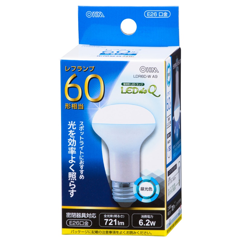 オーム電機 LDR6D-WA9 06-0772 LED電球 レフランプ形 E26 60形相当 昼光色(ご注文単位1袋)【直送品】