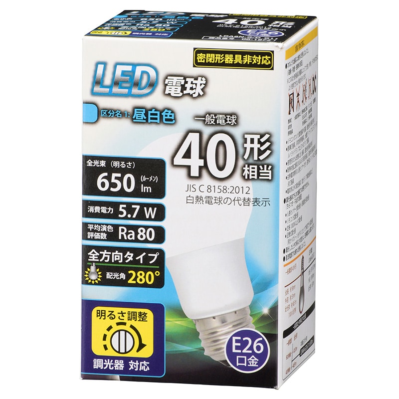 オーム電機 LDA6N-G/DG11 06-1872 LED電球 E26 40形相当 調光器対応 昼白色(ご注文単位1袋)【直送品】