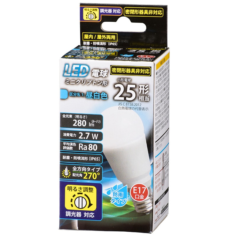 オーム電機 LDA3N-G-E17/DG11 06-1876 LED電球 ミニクリプトン形 E17 25形相当 調光器対応 防雨タイプ 昼白色(ご注文単位1袋)【直送品】