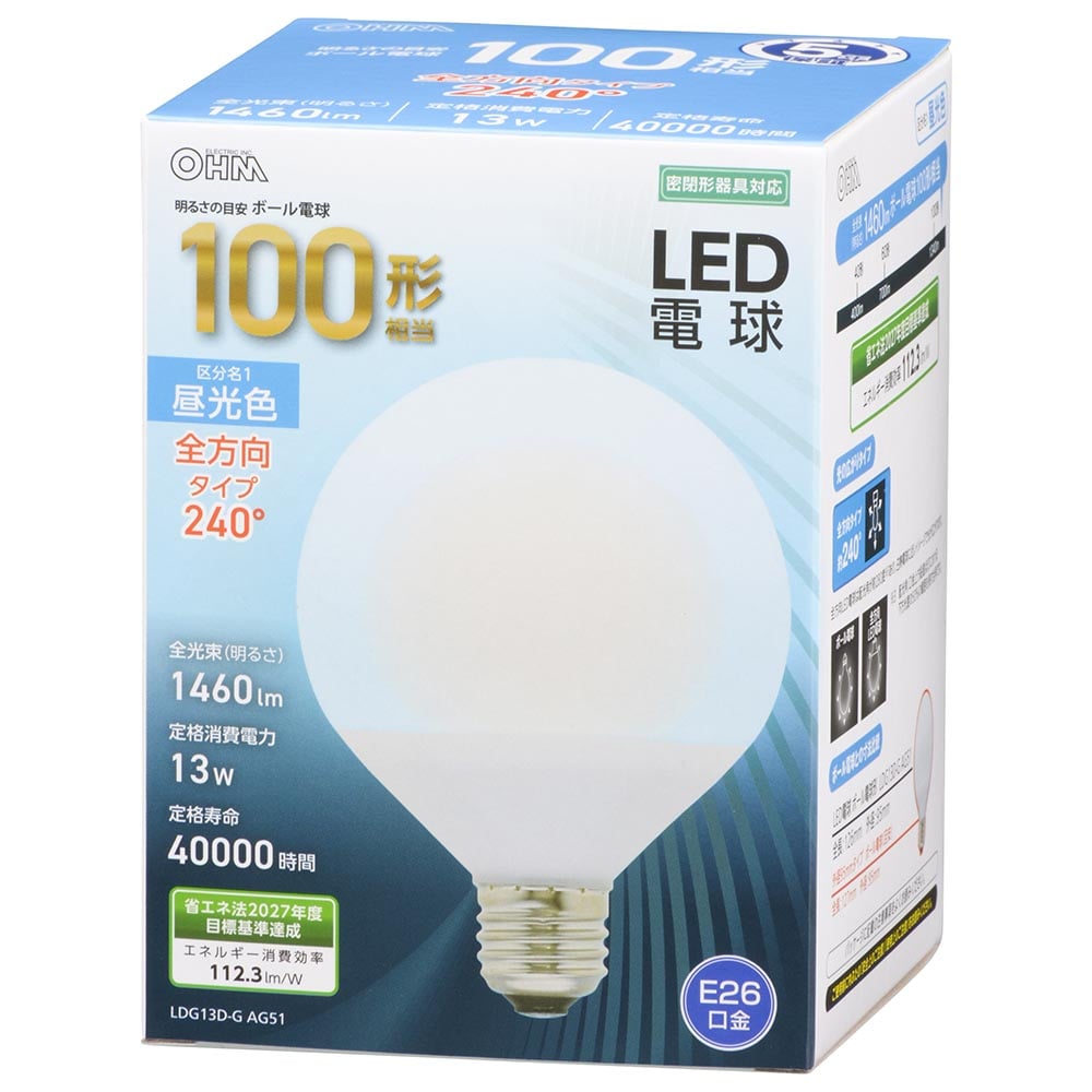 オーム電機 LDG13D-GAG51 06-3169 LED電球 ボール電球形 E26 100形相当 昼光色(ご注文単位1袋)【直送品】