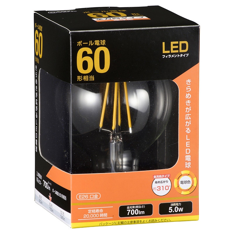 オーム電機 LDG5LC6 06-3478 LEDフィラメントタイプ電球 E26 60形相当 電球色(ご注文単位1袋)【直送品】