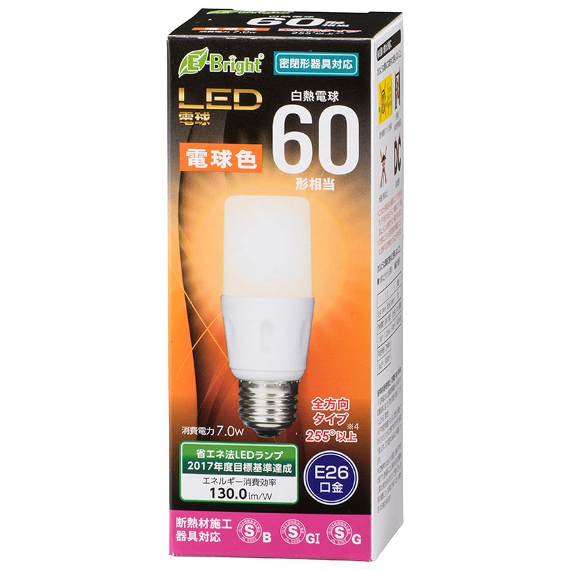 オーム電機 LDT7L-GIS21 06-3611 LED電球 T形 E26 60形相当 電球色(ご注文単位1袋)【直送品】