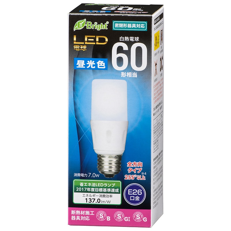 オーム電機 LDT7D-GIS21 06-3612 LED電球 T形 E26 60形相当 昼光色(ご注文単位1袋)【直送品】