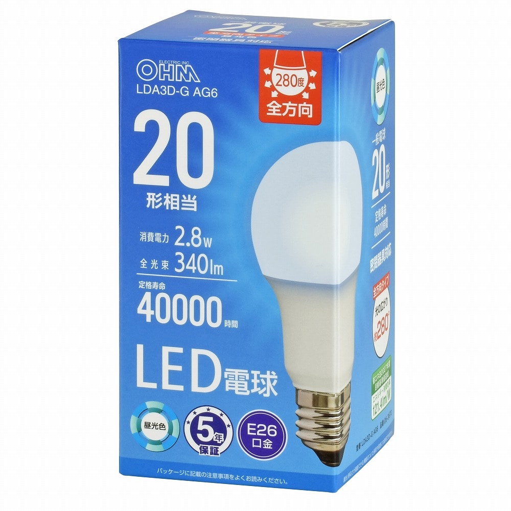 オーム電機 LDA3D-GAG6 06-3670 LED電球 E26 20形相当 昼光色(ご注文単位1袋)【直送品】