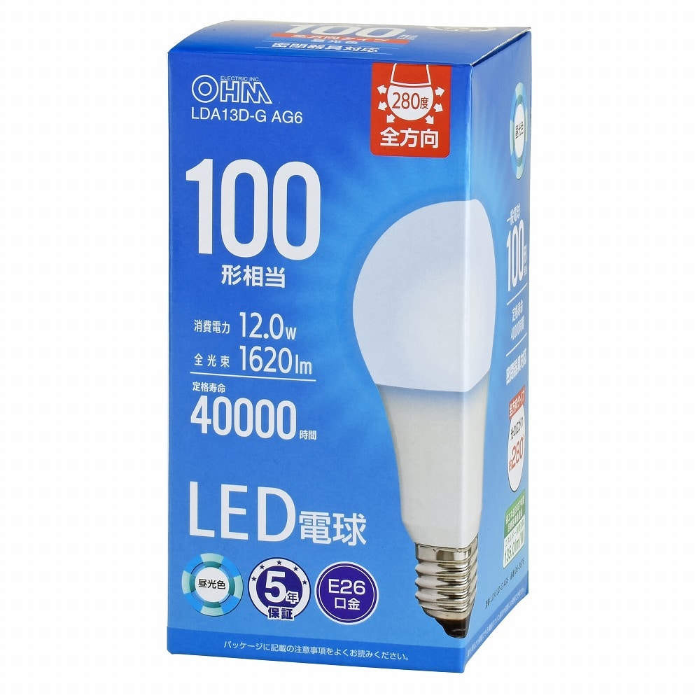 オーム電機 LDA13D-GAG6 06-3676 LED電球 E26 100形相当 昼光色(ご注文単位1袋)【直送品】