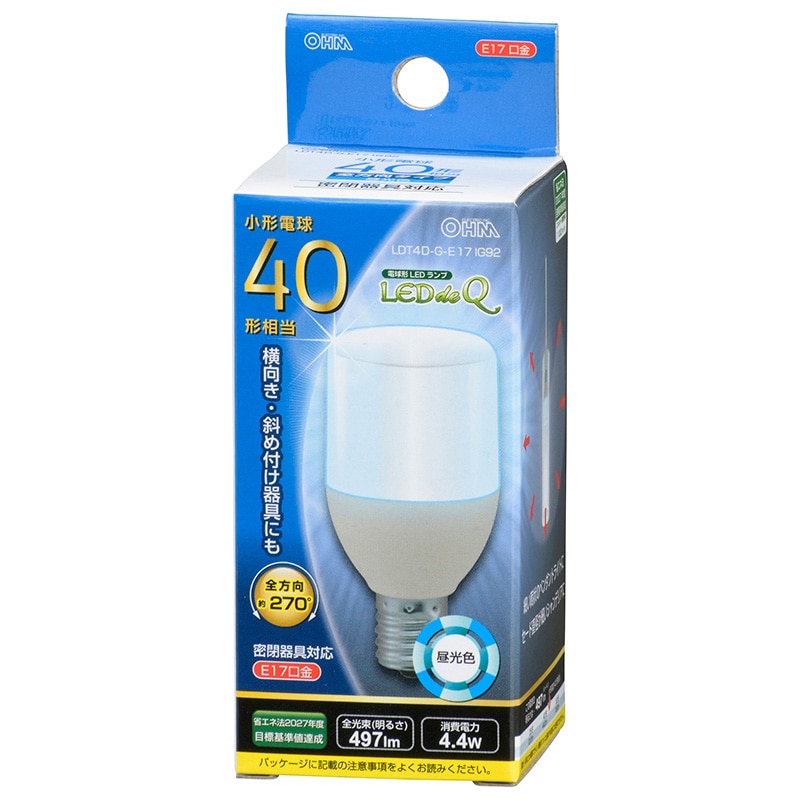 オーム電機 LDT4D-G-E17IG92 06-3736 LED電球 T形 E17 40形相当 昼光色(ご注文単位1袋)【直送品】