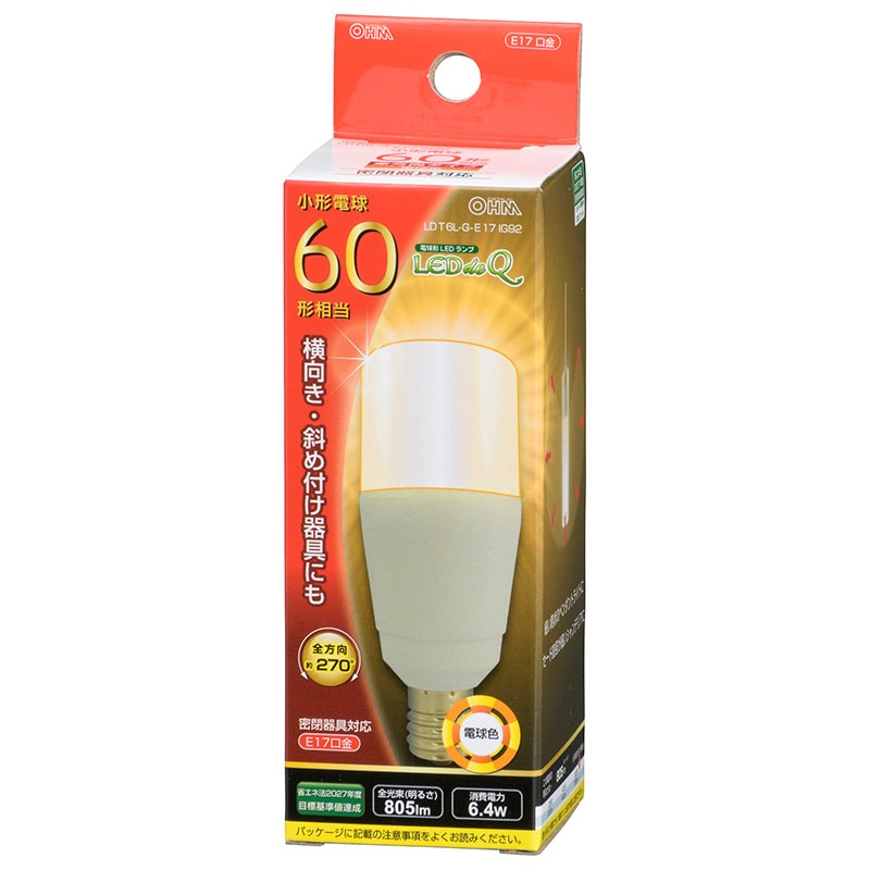 オーム電機 LDT6L-G-E17IG92 06-3739 LED電球 T形 E17 60形相当 電球色(ご注文単位1袋)【直送品】