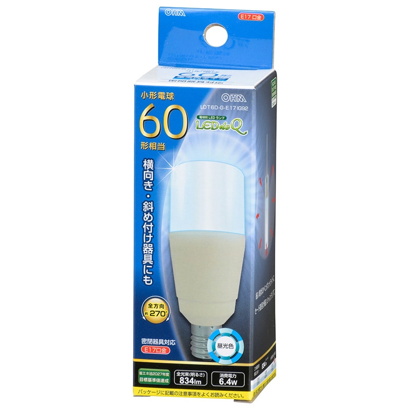 オーム電機 LDT6D-G-E17IG92 06-3740 LED電球 T形 E17 60形相当 昼光色(ご注文単位1袋)【直送品】