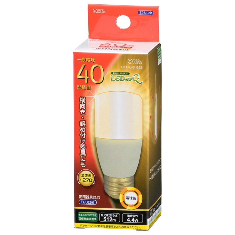 オーム電機 LDT4L-GIG92 06-3743 LED電球 T形 E26 40形相当 電球色(ご注文単位1袋)【直送品】