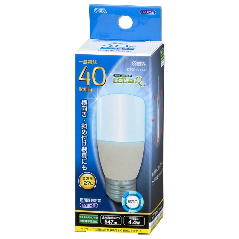オーム電機 LDT4D-GIG92 06-3744 LED電球 T形 E26 40形相当 昼光色(ご注文単位1袋)【直送品】