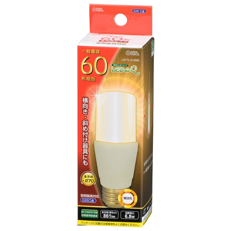 オーム電機 LDT7L-GIG92 06-3747 LED電球 T形 E26 60形相当 電球色(ご注文単位1袋)【直送品】