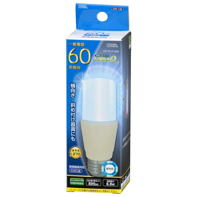 オーム電機 LDT7D-GIG92 06-3748 LED電球 T形 E26 60形相当 昼光色(ご注文単位1袋)【直送品】