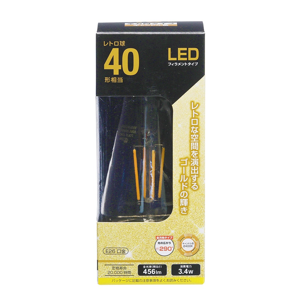 オーム電機 LDF3LC6/GST64 06-3894 LEDフィラメントタイプレトロ球 E26 40形相当 キャンドル色(ご注文単位1袋)【直送品】