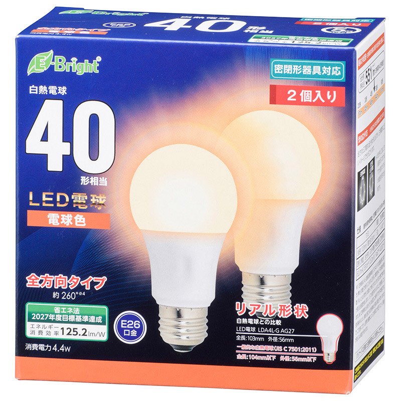 オーム電機 LDA4L-GAG272P 06-4349 LED電球 E26 40形相当 全方向 電球色 2個入り(ご注文単位1袋)【直送品】