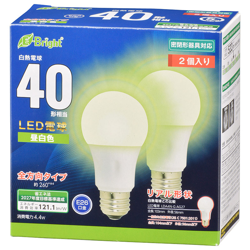 オーム電機 LDA4N-GAG272P 06-4350 LED電球 E26 40形相当 昼白色 2個入(ご注文単位1袋)【直送品】