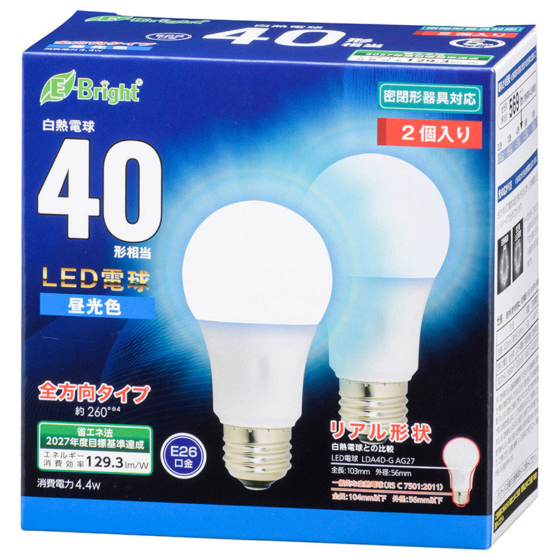 オーム電機 LDA4D-GAG272P 06-4351 LED電球 E26 40形相当 全方向 昼光色 2個入り(ご注文単位1袋)【直送品】