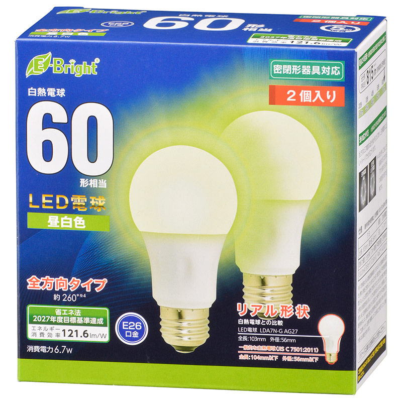 オーム電機 LDA7N-GAG272P 06-4353 LED電球 E26 60形相当 昼白色 2個入(ご注文単位1袋)【直送品】