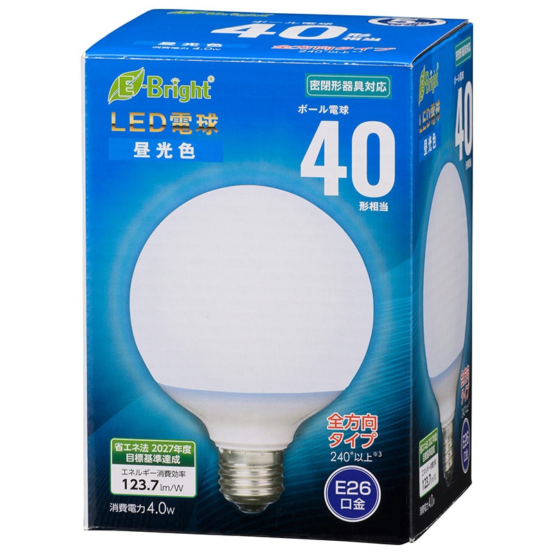オーム電機 LDG4D-GAG24 06-4396 LED電球 ボール電球形 E26 40形 昼光色 全方向(ご注文単位1袋)【直送品】