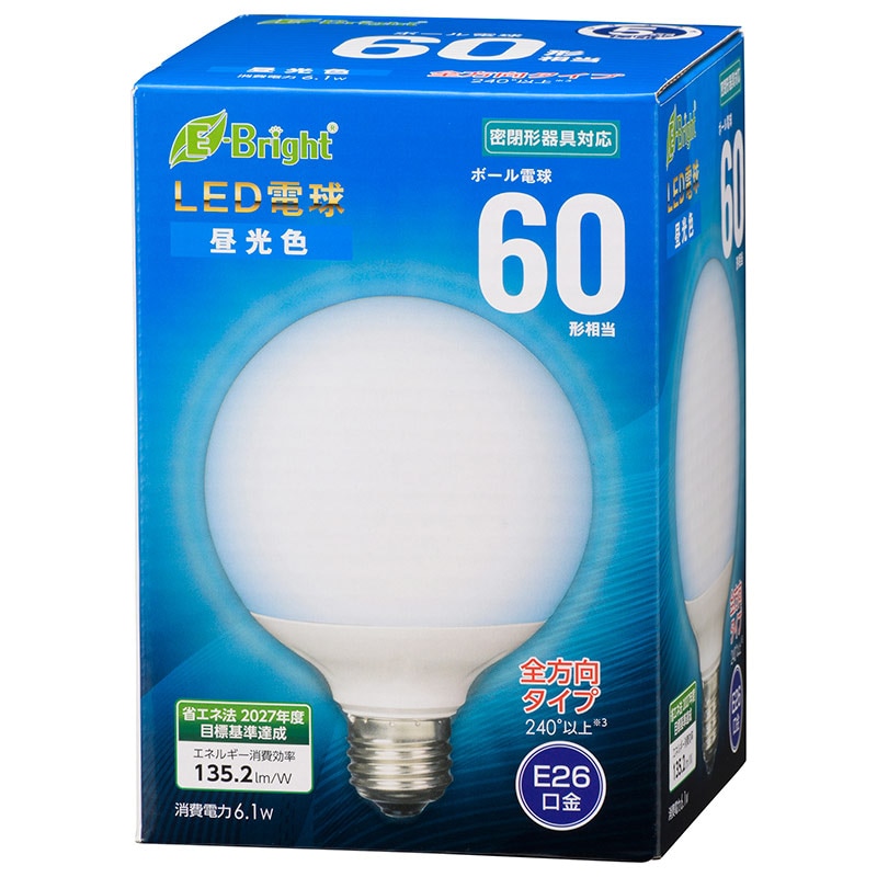 オーム電機 LDG6D-GAG24 06-4399 LED電球 ボール電球形 E26 60形 昼光色 全方向(ご注文単位1袋)【直送品】