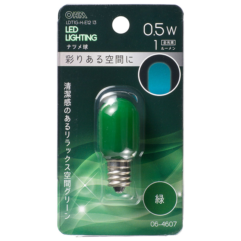 オーム電機 LDT1G-H-E1213 06-4607 LEDナツメ球装飾用 T20/E12/0.5W/1lm/緑色（ご注文単位1袋）【直送品】