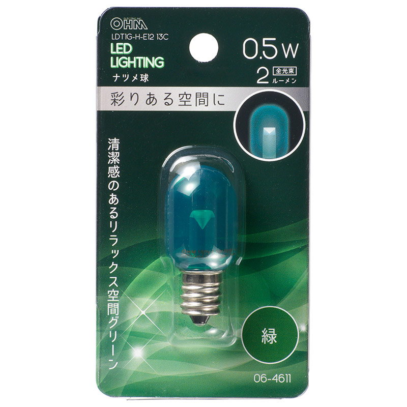 オーム電機 LDT1G-H-E1213C 06-4611 LEDナツメ球装飾用 T20/E12/0.5W/2lm/クリア緑色（ご注文単位1袋）【直送品】