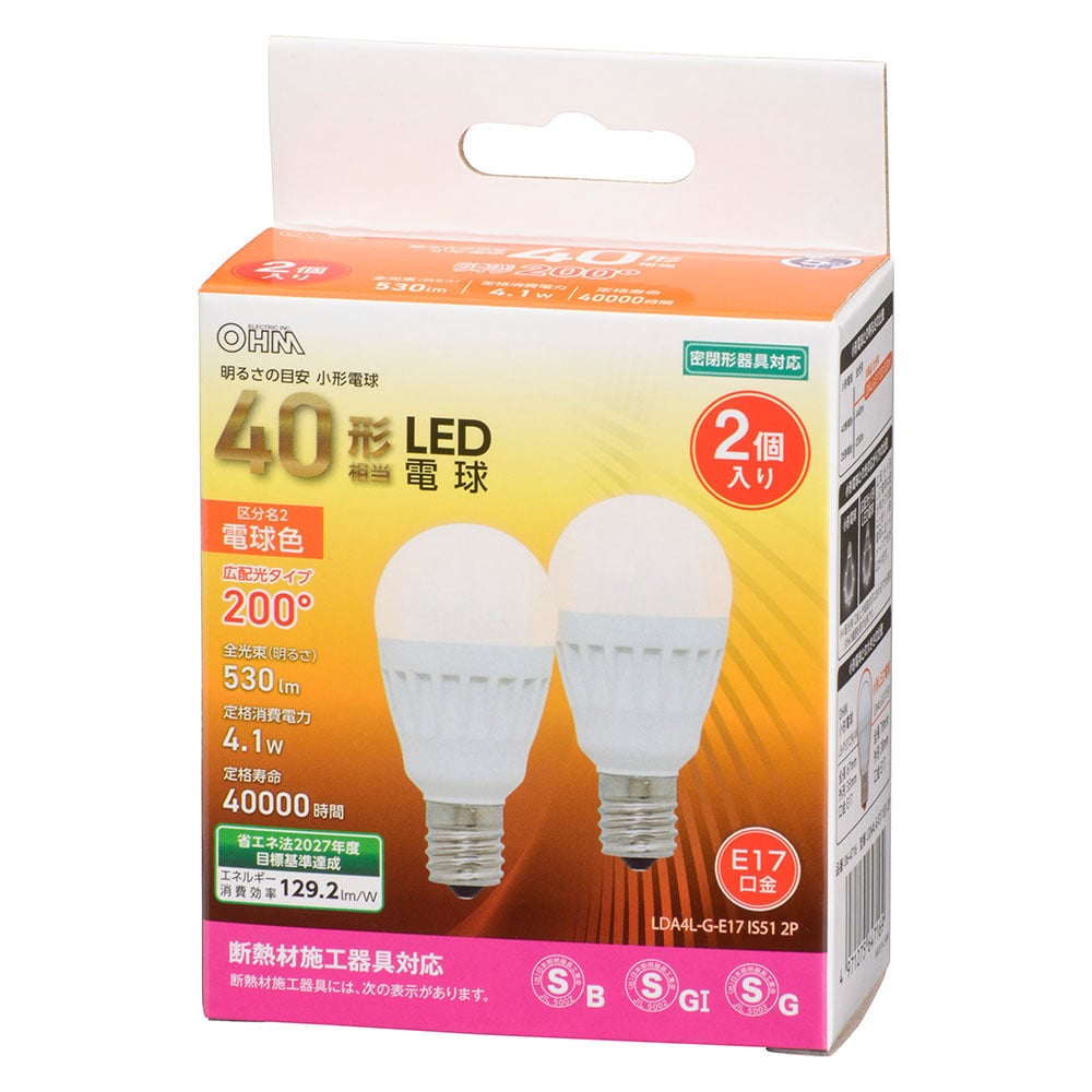 オーム電機 LDA4L-G-E17IS512P 06-4716 LED電球 小形 E17 40形相当 電球色 2個入(ご注文単位1袋)【直送品】