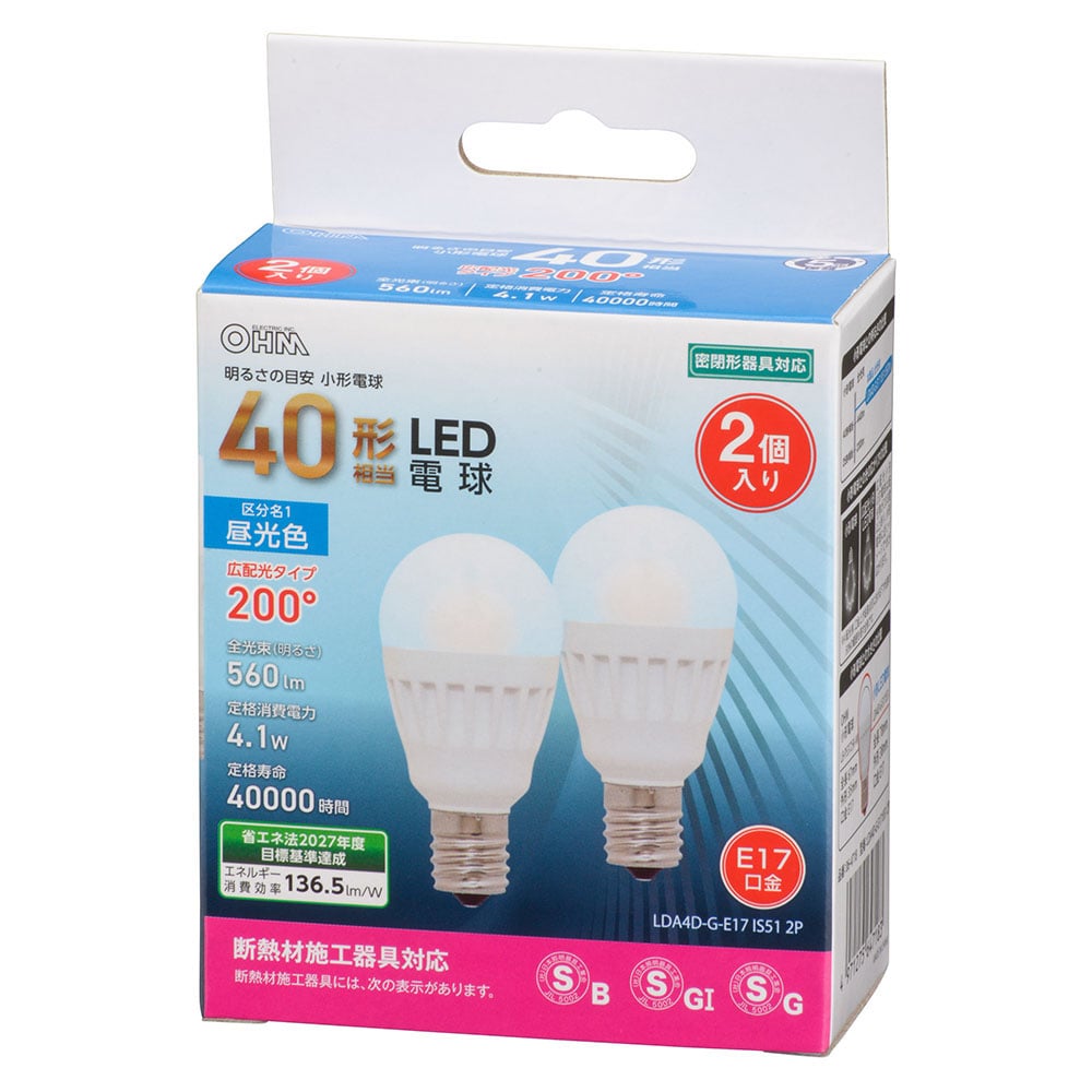オーム電機 LDA4D-G-E17IS512P 06-4718 LED電球 小形 E17 40形相当 昼光色 2個入(ご注文単位1袋)【直送品】