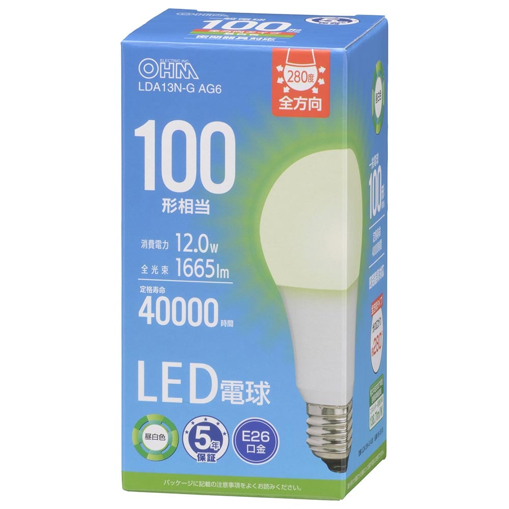 オーム電機 LDA13N-GAG6 06-5516 LED電球 E26 100形相当 昼白色（ご注文単位1袋）【直送品】