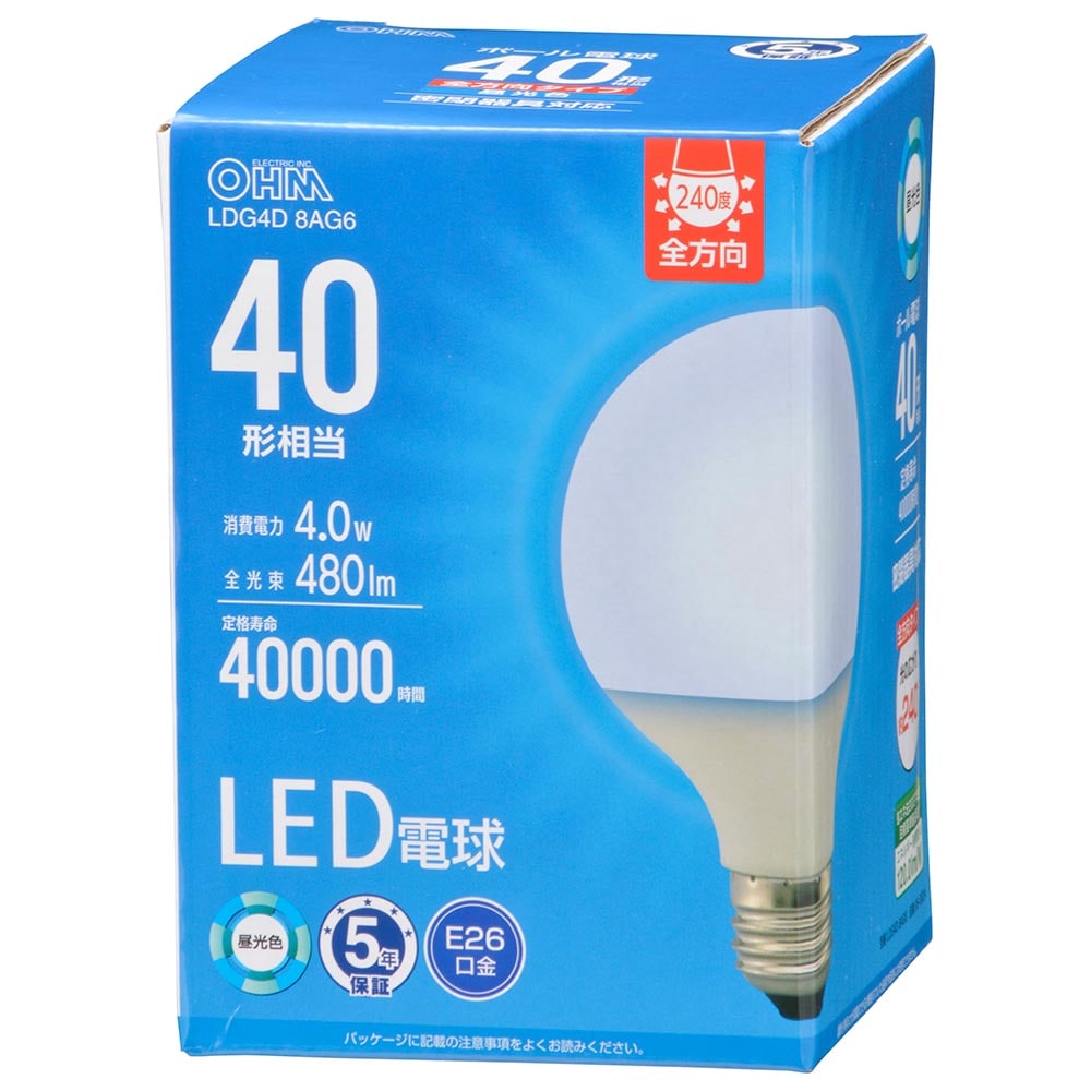 オーム電機 LDG4D8AG6 06-5524 LED電球ボール電球形E26 40形相当 G80昼光色（ご注文単位1袋）【直送品】