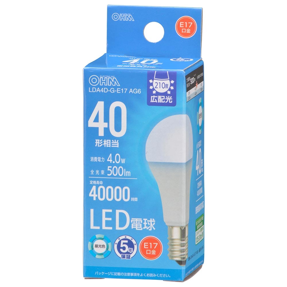 オーム電機 LDA4D-G-E17AG6 06-5541 LED電球小形E17 40形相当 昼光色(ご注文単位1袋)【直送品】