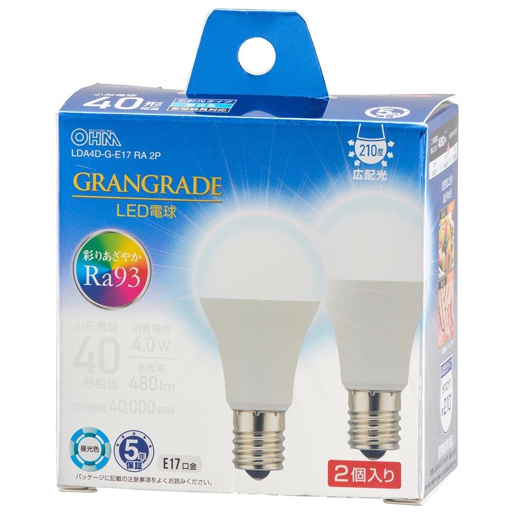 オーム電機 LDA4D-G-E17RA2P 06-5562 LED電球小形E17 40形相当 昼光色 2個入(ご注文単位1袋)【直送品】
