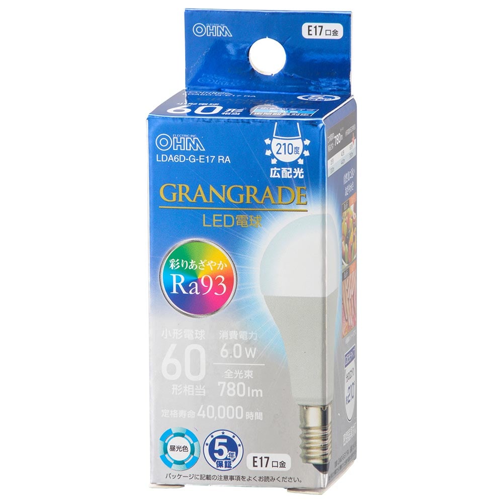 オーム電機 LDA6D-G-E17RA 06-5565 LED電球小形E17 60形相当 昼光色(ご注文単位1袋)【直送品】