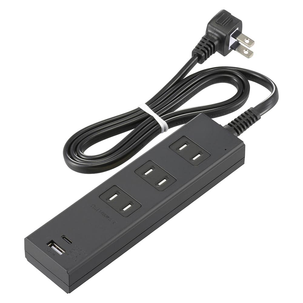 オーム電機 3個口タップ 雷ガード PD対応Type-C/Type-Aポート付き 1m ブラック 1個（ご注文単位1個）【直送品】