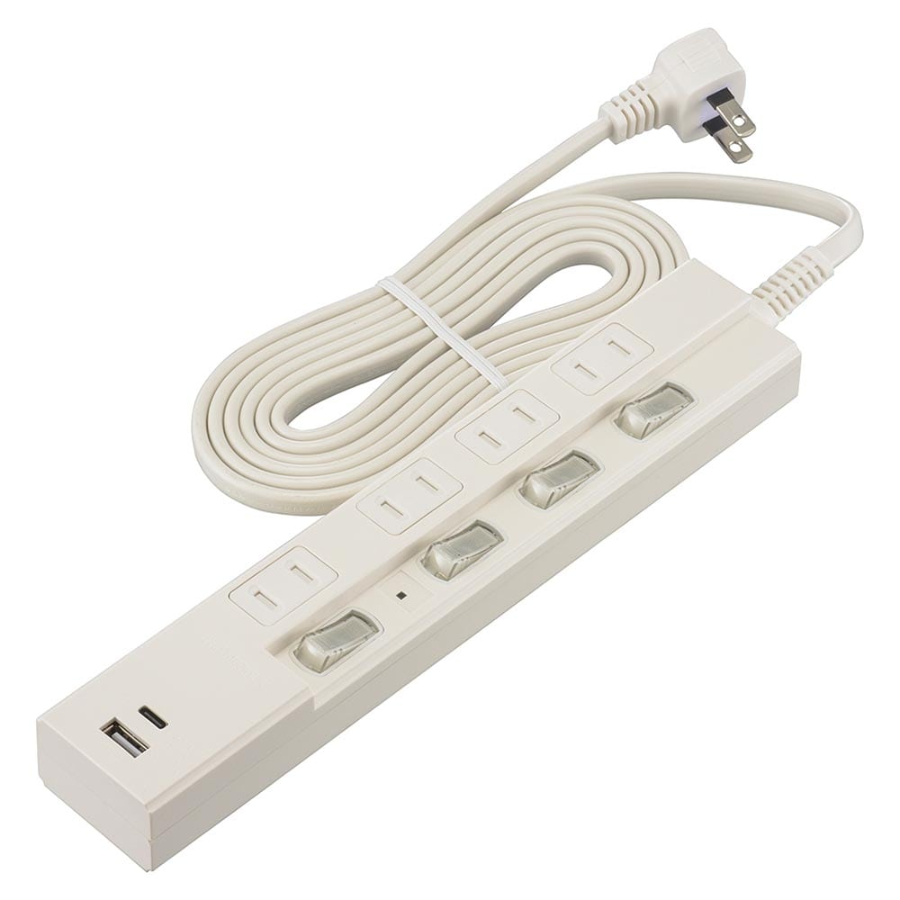オーム電機 4個口節電タップ 雷ガード PD対応Type-C/Type-Aポート付き 2m ホワイト 1個（ご注文単位1個）【直送品】