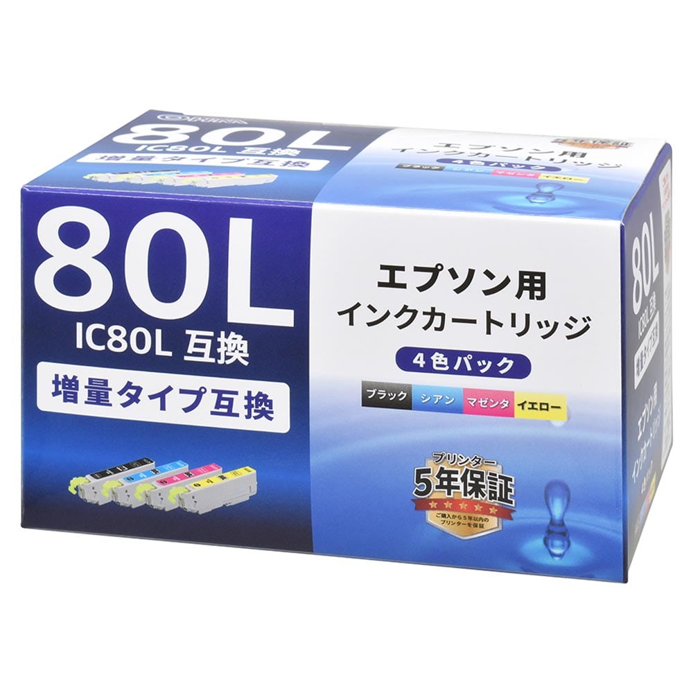 オーム電機 エプソン互換インク IC80L 増量タイプ 4色パック 1個（ご注文単位1個）【直送品】