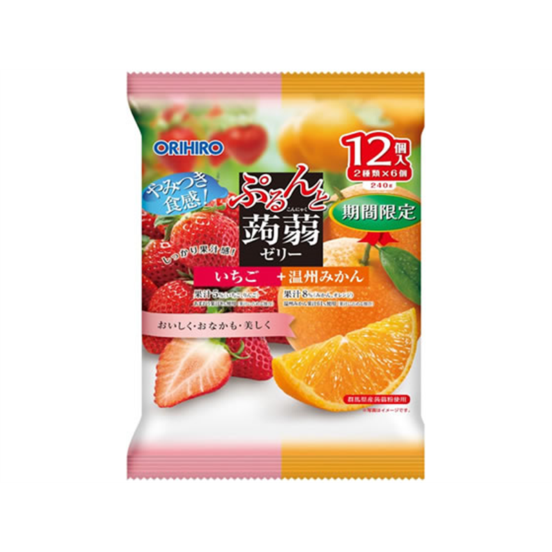 オリヒロ ぷるんと蒟蒻ゼリーパウチ いちご+温州みかん 12個 1袋※軽（ご注文単位1袋）【直送品】