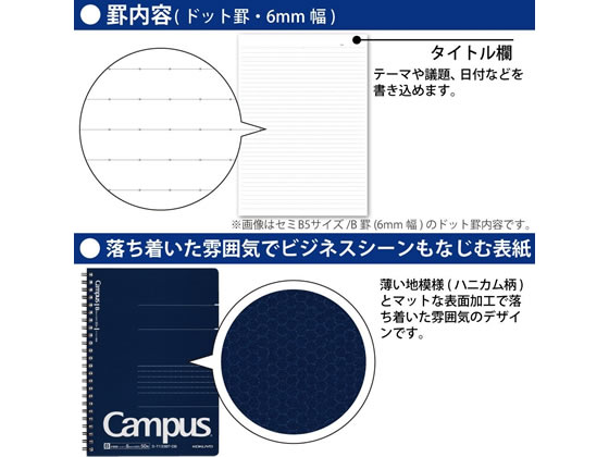 コクヨ キャンパス ツインリングノート(ドット入り罫線) A5 B罫 50枚 紺 1冊(ご注文単位1冊)【直送品】