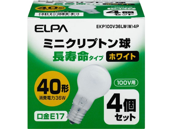 朝日電器 ミニクリプトン電球 40W ホワイト4個 EKP100V36LW(W)4P 1パック(ご注文単位1パック)【直送品】