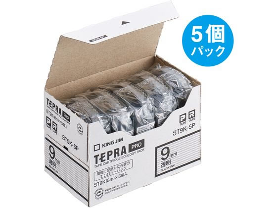 キングジム テプラPROテープエコパック 9mm 透明／黒文字 5個 1箱（ご注文単位1箱)【直送品】