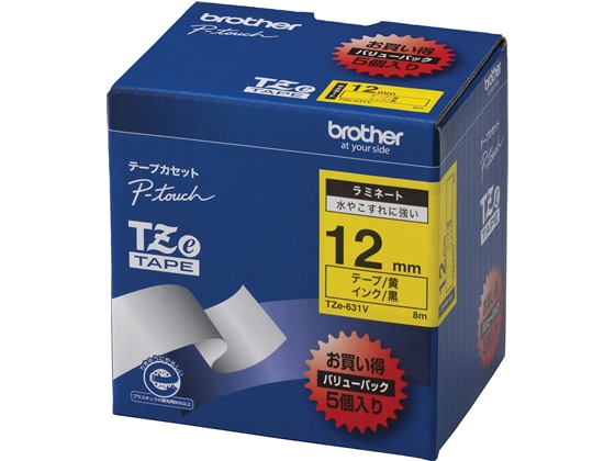 ブラザー ラベルプリンター用ラミネートテープ12mm黄 黒文字(5個入) 1箱（ご注文単位1箱)【直送品】